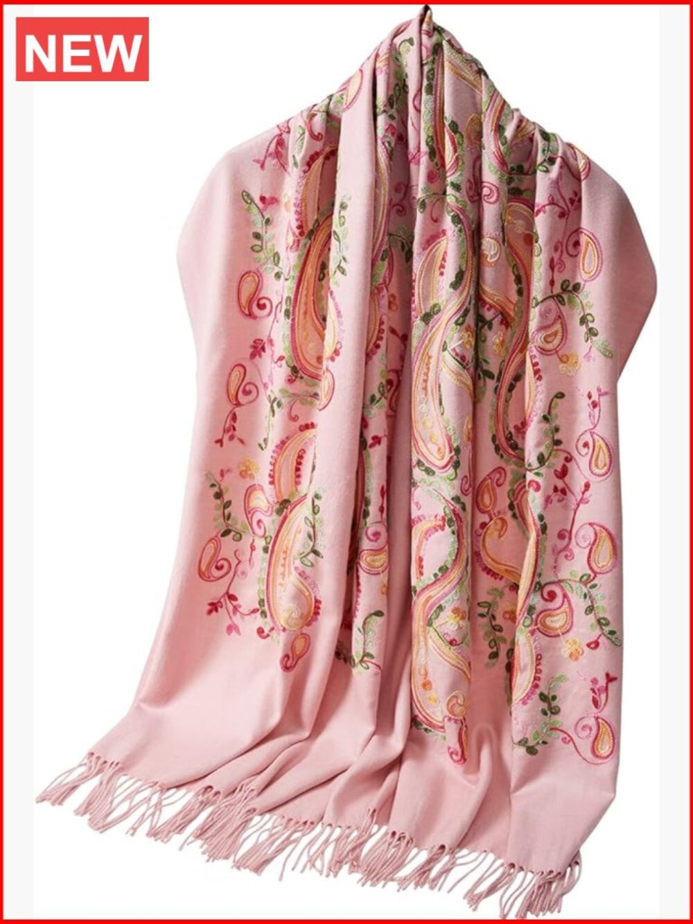 Embroidered Paisley Leaves Shawl Wrap Poncho Cape with Fringes Scarf